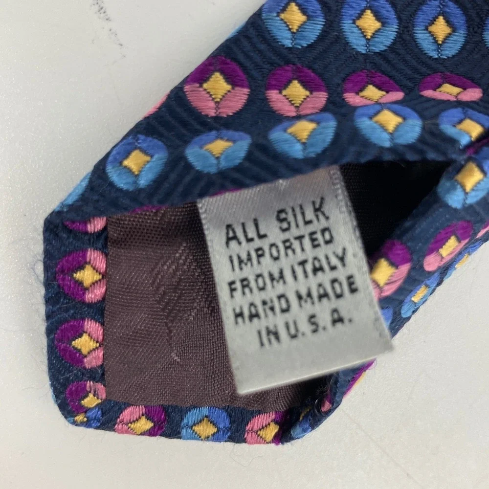 XMI Platinum Necktie Mens OS Blue Purple Silk Geometric Hand Made USA 58